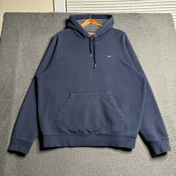 Vtg Nike Hoodie Mens L Navy Blue Y2K Swoosh Embroidered Sweatshirt Silver Tag - Picture 3 of 14